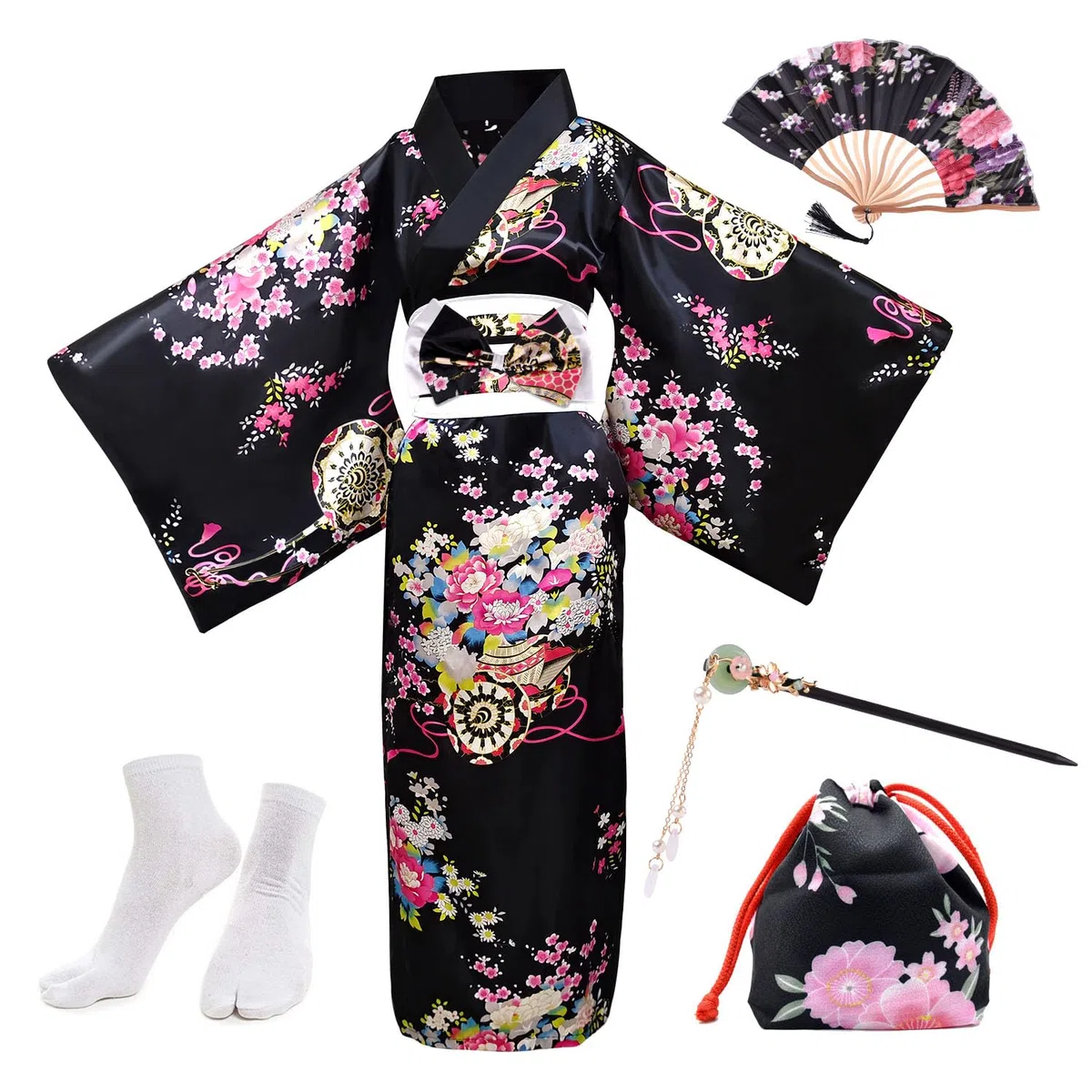 PLULON 5 uds bata japonesa Geisha Yukata vestido flor albornoz de satén con bolsa con cordón abanico de mano horquilla Tabi conjunto de calcetines