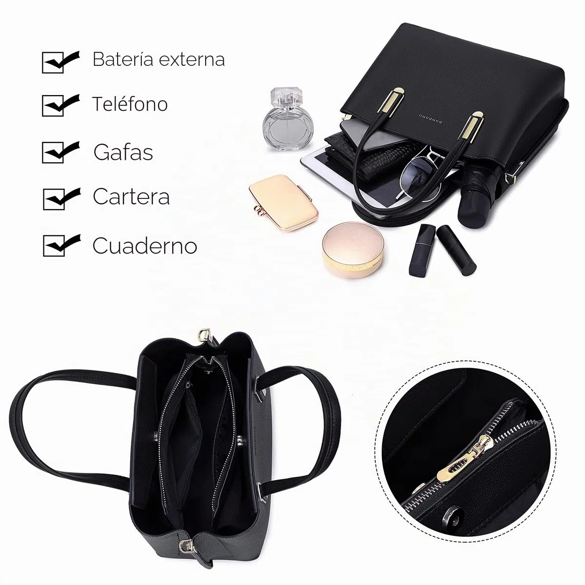 FANDARE Elegante Bolso de Mano Bolsos Cabas Mujer Bolso Bandoleras Cuero PU Impermeable Llevados Hombro Bolso De Hombro Gran Capacidad Compras Escuela Viaje, Negro, large, Elegante