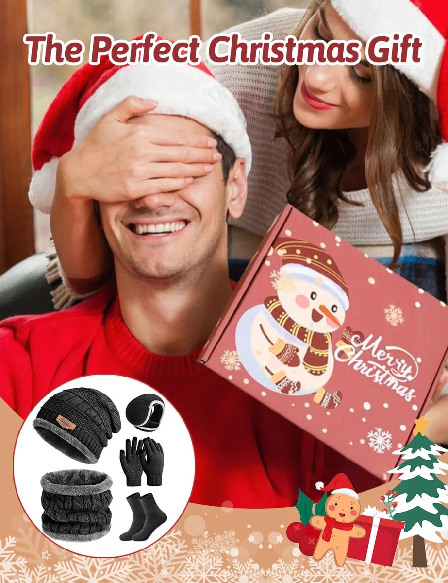 heekpek Set de Bufanda Gorro Guantes Orejeras y Calcetines Hombre de Punto Invierno Suave Térmico Conjunto de 5 Piezas para Hombre