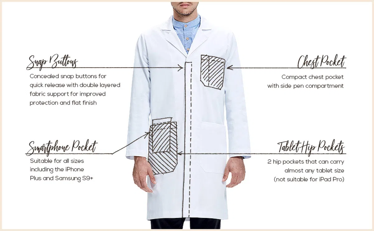 Dr. James Bata de laboratorio Premium Unisex para Hombres y Mujeres, con bolsillos para teléfono y tableta, ajuste clásico, cierre a presión oculto