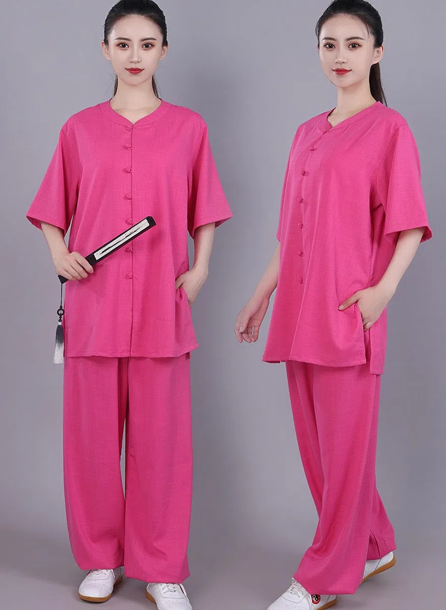 Uniforme de Tai Chi para Mujer, Traje Tradicional Chino de Kung Fu, Ropa de Artes Marciales de Manga Corta para Meditación Zen, Wing Chun/Uso Diario en Casa,Rosered-L