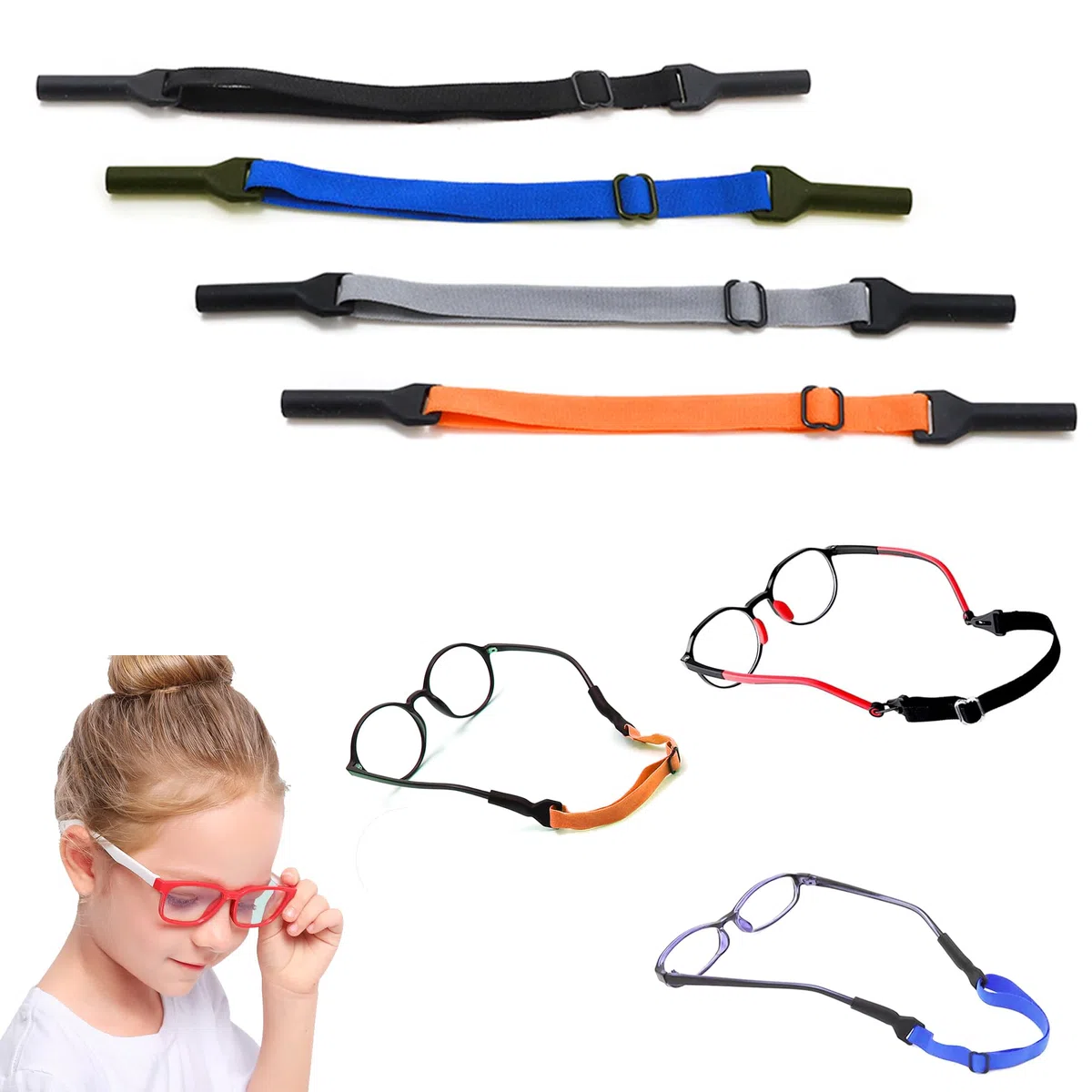 4 piezas Correa Anteojos Ajustables para Anteojos Sol anteojos de sol cadena Poliéster Gris Negro Naranja Azul Diámetro del agujero 5mm Para correa de gafas de sol deportivas para niños