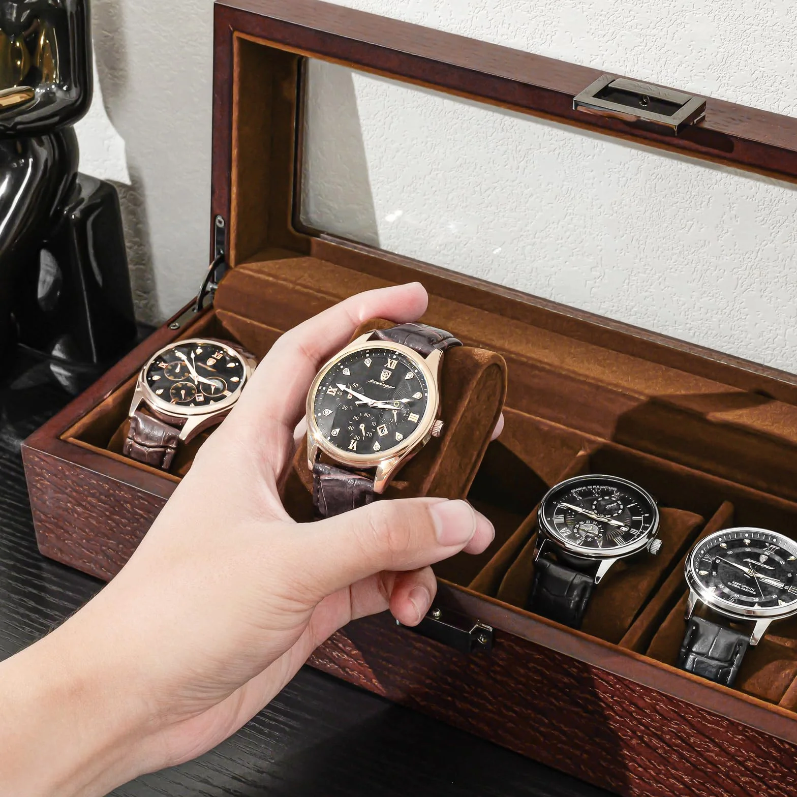 ProCase Caja para Relojes de 6 Ranuras, Funda Organizadora de Reloj con Tapa de Cristal, Estuche de Almacenamiento para Hombres y Mujeres -Marrón