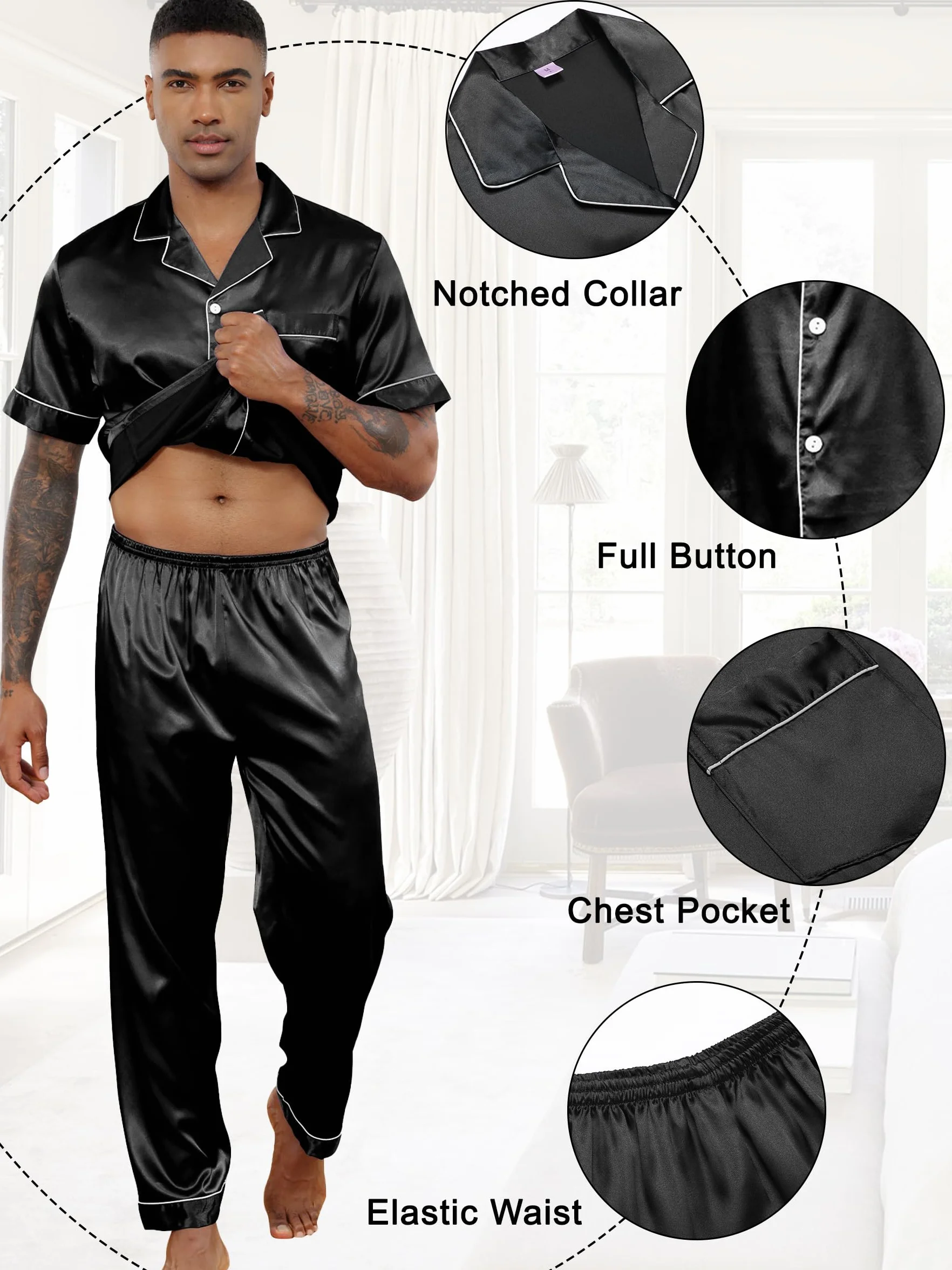 Pijama Hombre Satén Pijama de Seda para Hombre Manga Larga con Botones y Pantalones Largos Ropa de Descanso Conjuntos de 2 Piezas