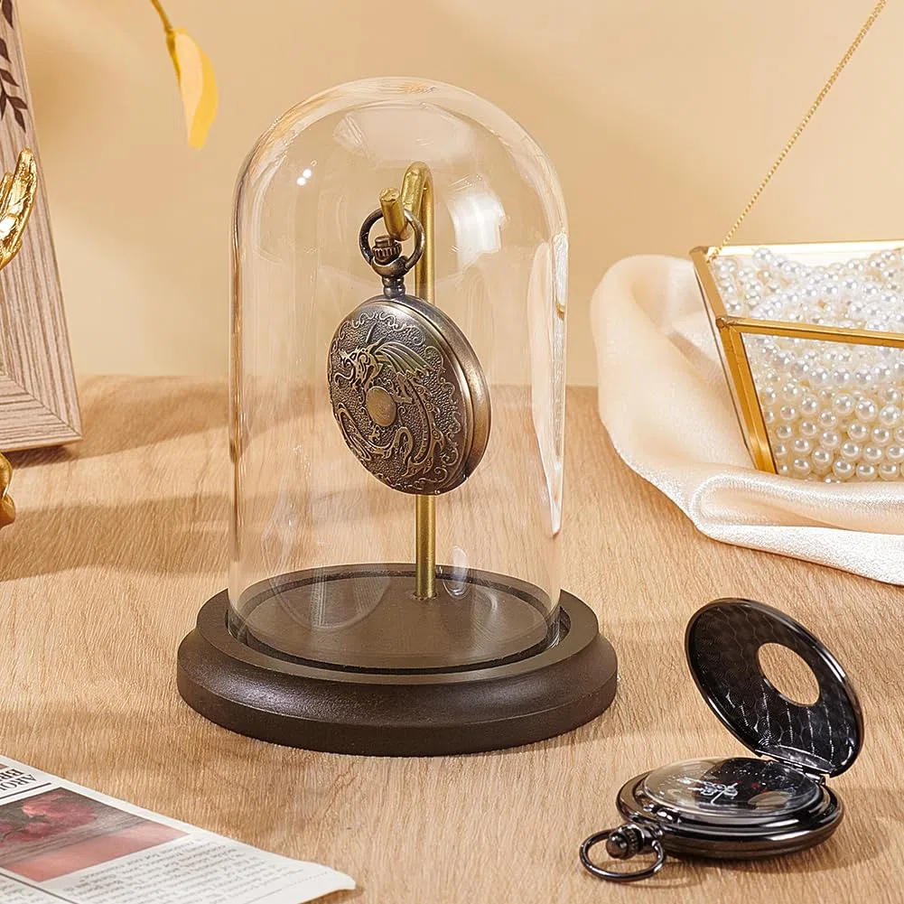 PH PandaHall 2 piezas de 4 x 5 pulgadas para reloj de bolsillo con gancho de metal, tarro decorativo para exhibición de reloj con base de madera, vitrina de cristal para reloj de bolsillo, medallas