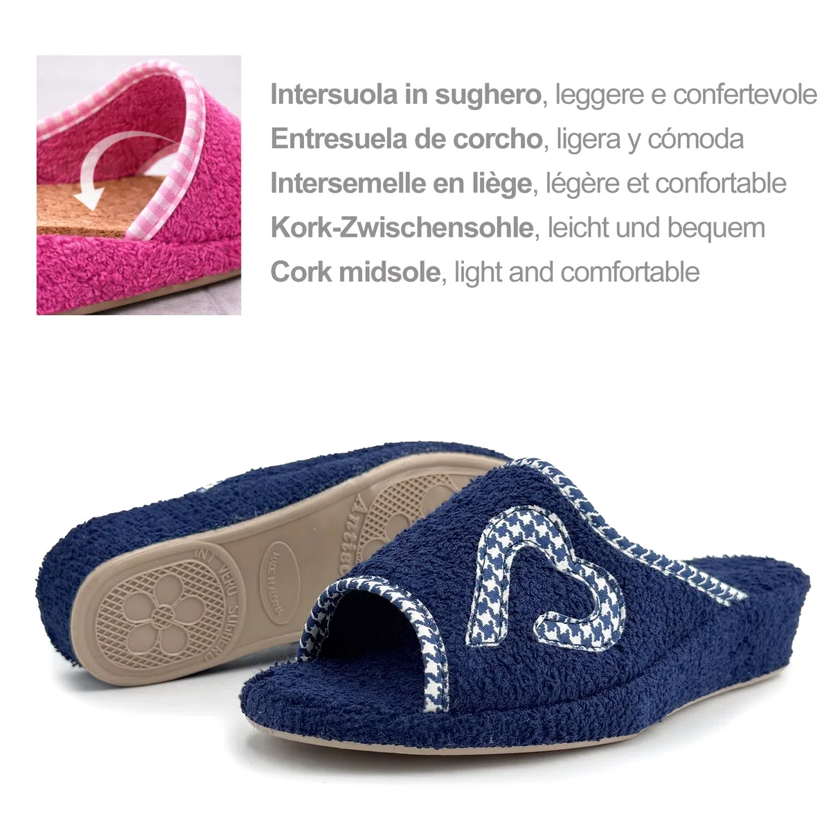 JOMIX Zapatillas Rizo Toalla Abierta Mujer Casa Chanclas Verano Cuña Baja Cómodas con Corazones para Señora Suela de Corcho Suave Ligeras