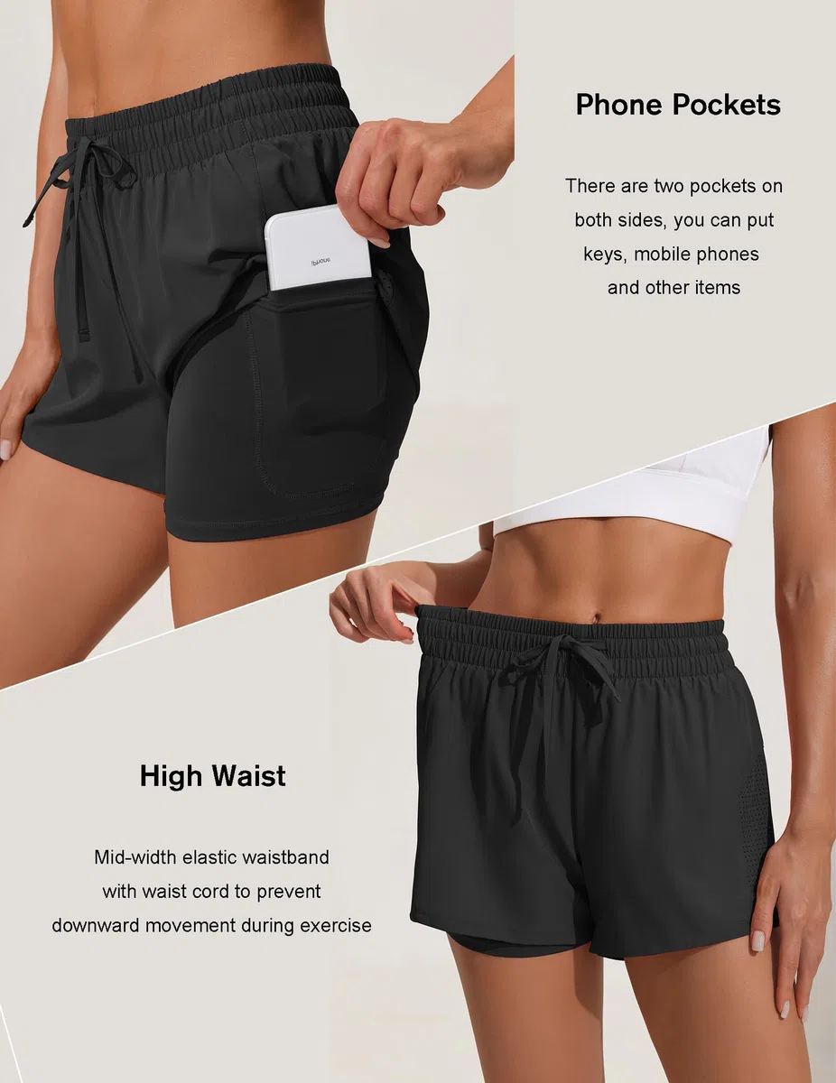 PINSPARK Pantalones Cortos Deportivos para Mujer 2 en 1 Pantalones Cortos de Entrenamiento Cintura Alta Pantalones Cortos Deportivos para Correr de Secado rápido con Bolsillos