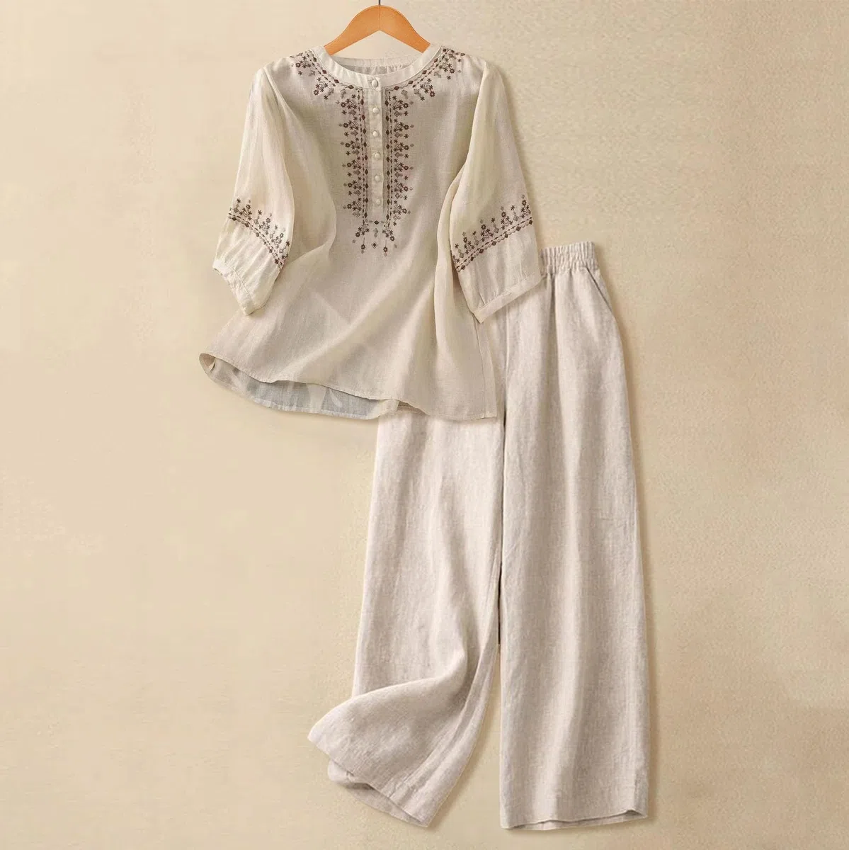 Conjunto Mujer Dos Piezas Elegante Verano Casual Lino Y Algodón Conjunto Deportivo Camiseta Y Pantalones Chandal Completo Talla Grande Loungewear Manga 3/4 Holgado Diarios Casa Playa Vacaciones