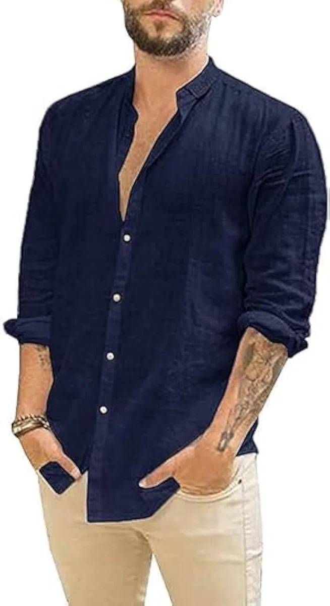 Runcati Camisa de lino para hombre, manga larga, para verano, playa, informal, corte regular, para el tiempo libre