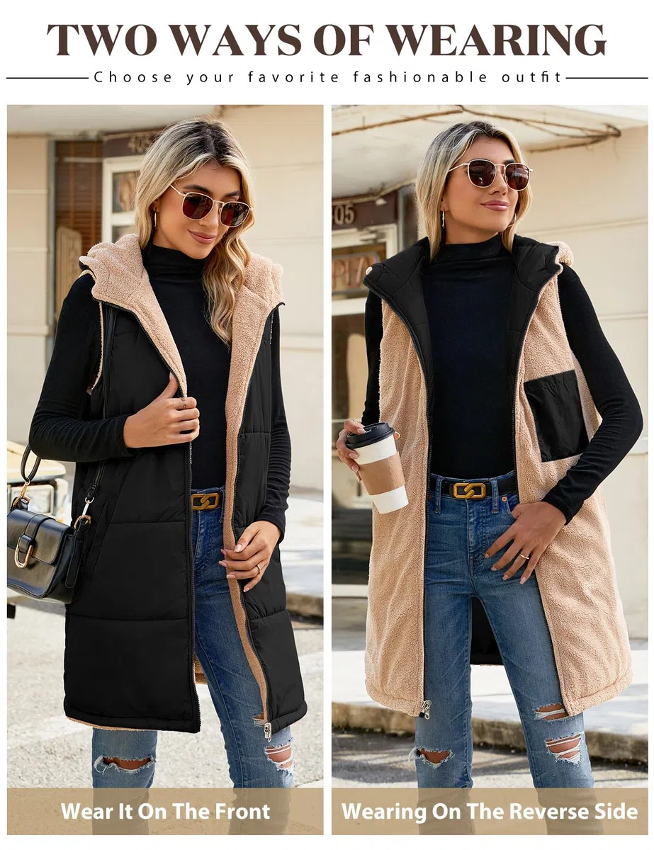 Tuopuda Chaleco Acolchado Mujer con Capucha Chaqueta de Larga Sin Mangas con Cremallera Cálidos Chaleco de Forro polar Invierno Outwear con Bolsillos