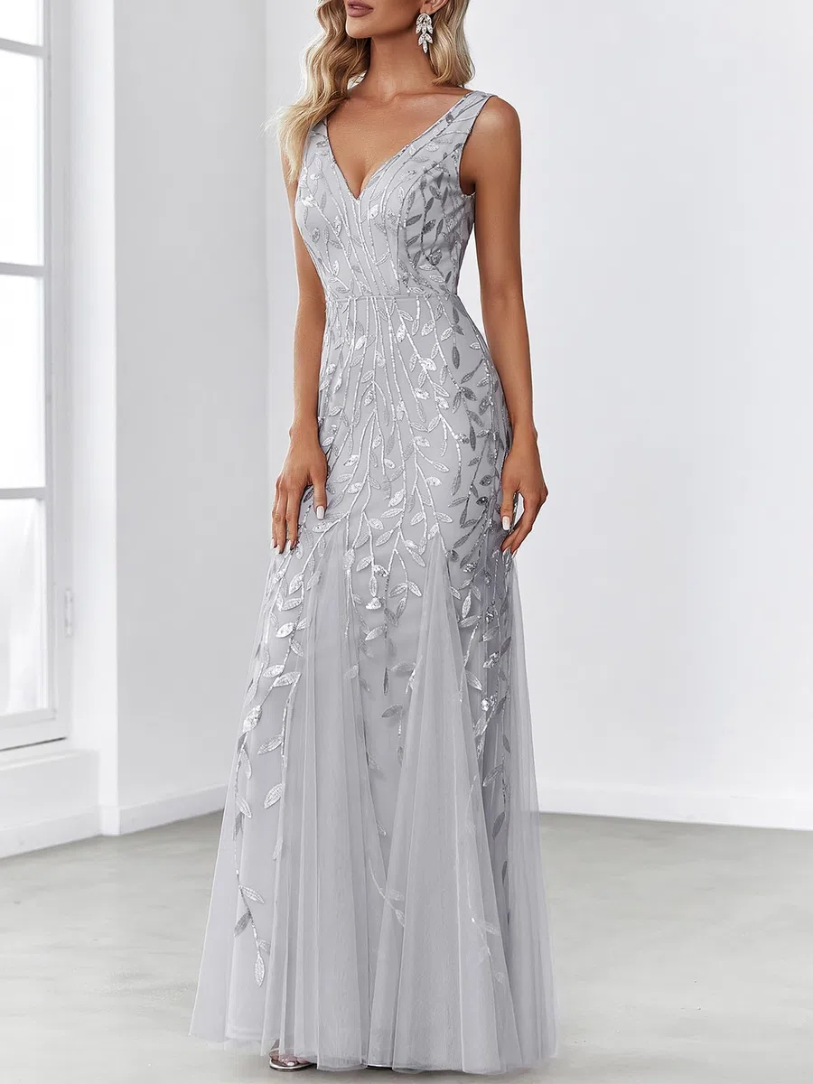 Ever-Pretty a Sirena Tul Vestido de Noche Cuello en V sin Respaldo para Mujer Plateado 52