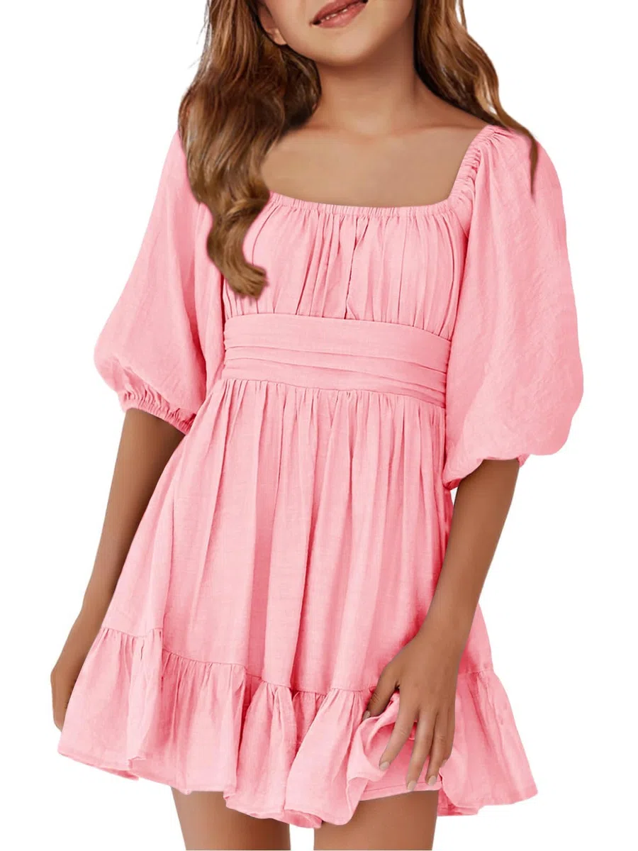 Haloumoning Vestidos de verano para niñas, de manga corta, cuello cuadrado, con cordones, espalda descubierta, volantes, acampanado, vestido de fiesta
