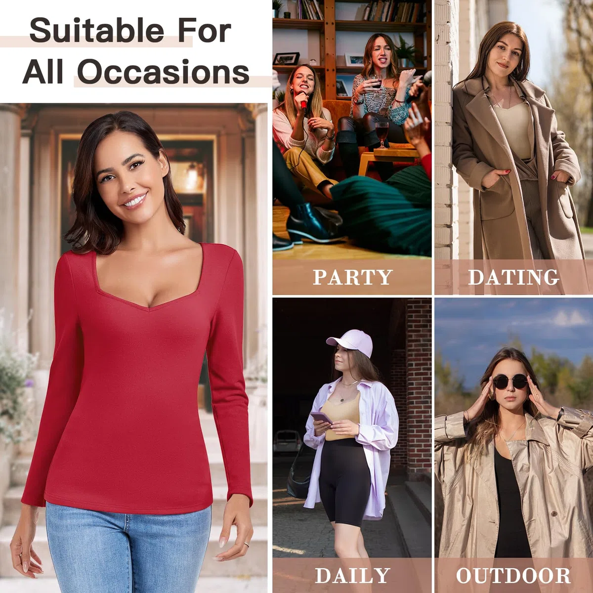 WOWENY Camiseta térmica de manga larga para mujer, de forro polar, con escote de cariño, elegante, camiseta térmica de manga larga, manga 3/4, cálida y cómoda, para invierno