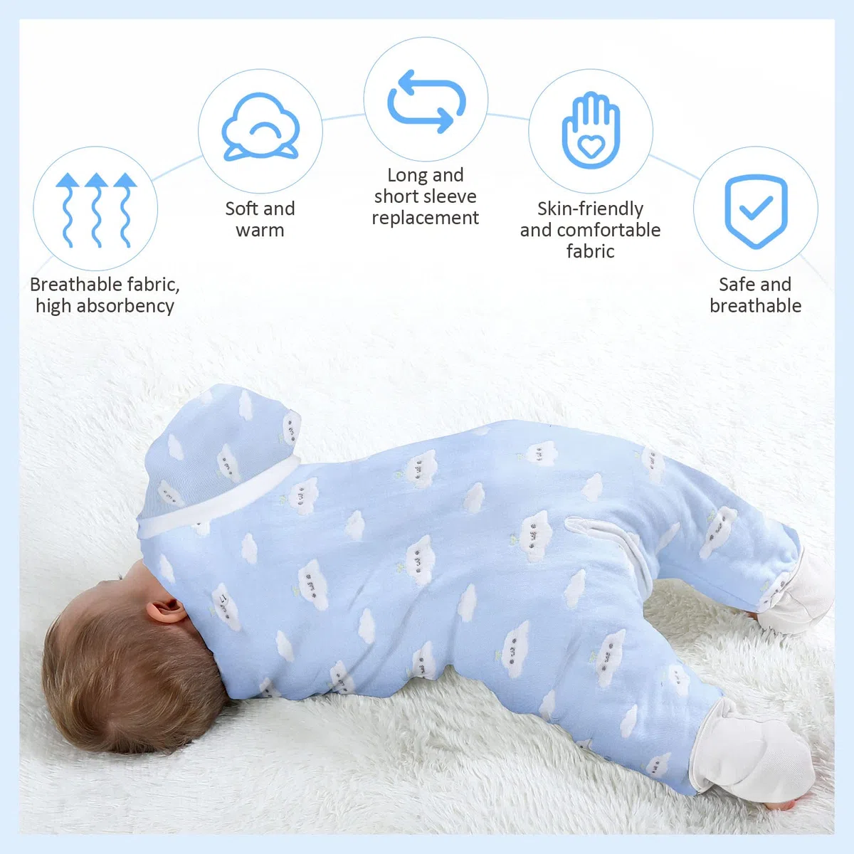 Lictin Saco de Dormir con Pies y Manga 2.0TOG-Saco de Dormir Bebe Niños con Mangas Extraíbles para 12-36 Meses de 80 (Motivo de Cielo Azul y Nubes Blancas)