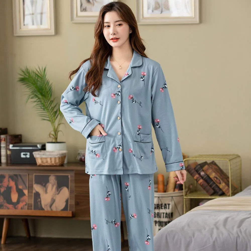 Conjunto De Pijamas De Mujer,Conjunto De Pijamas De Algodón Suave Con Estampado De Botones Conjuntos De Pijamas Con Bolsillos Ropa De Dormir De Manga Larga Ropa De Dormir De Talla Grande Ropa De Dor