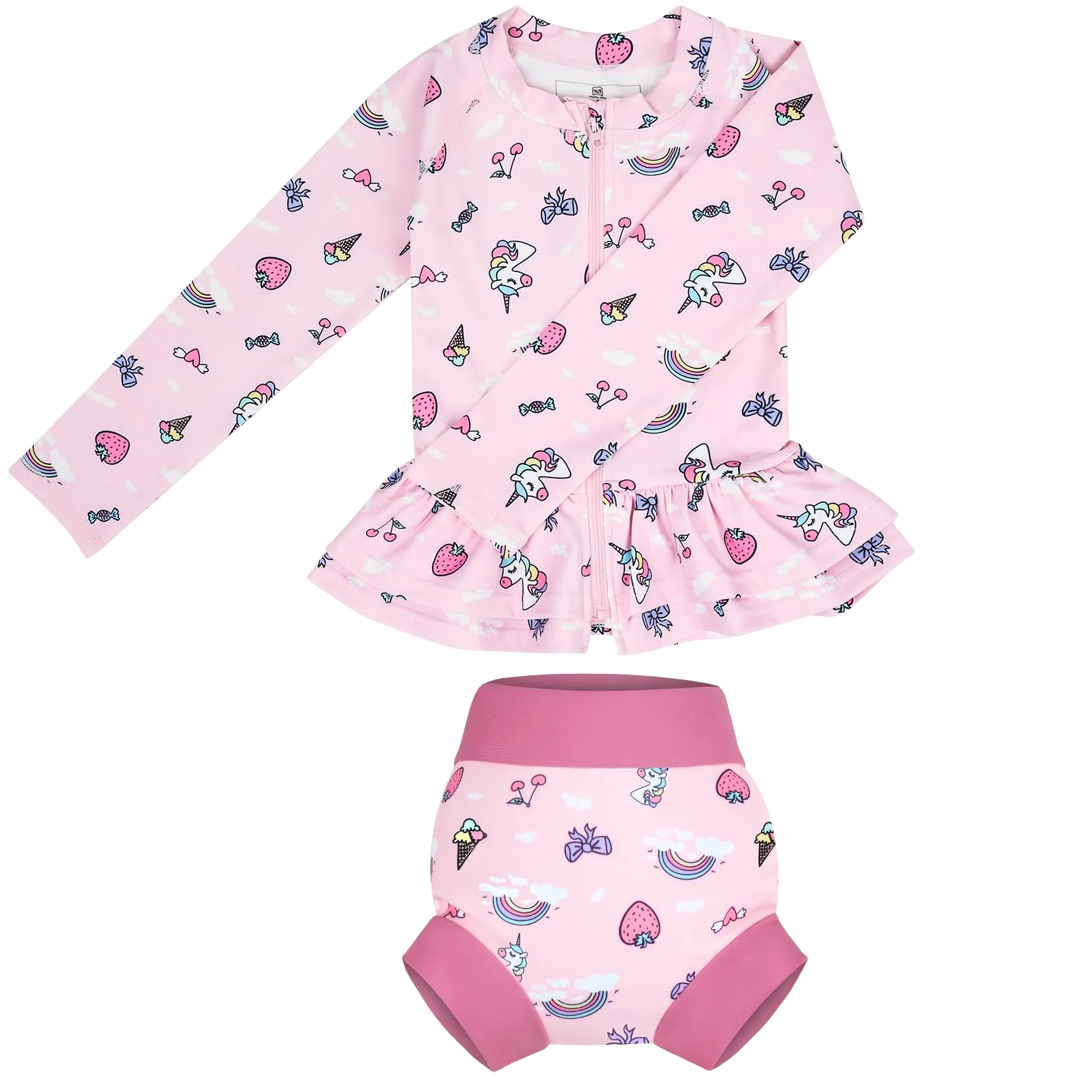 FLYISH DIRECT Traje de baño Infantil bebé niño de 2 Piezas Anti-UV, UPF 50+ Niña Camiseta Natación Manga Larga con Cremallera + Pañal Natación Reutilizable, Rashguard Niño Secado Rápido