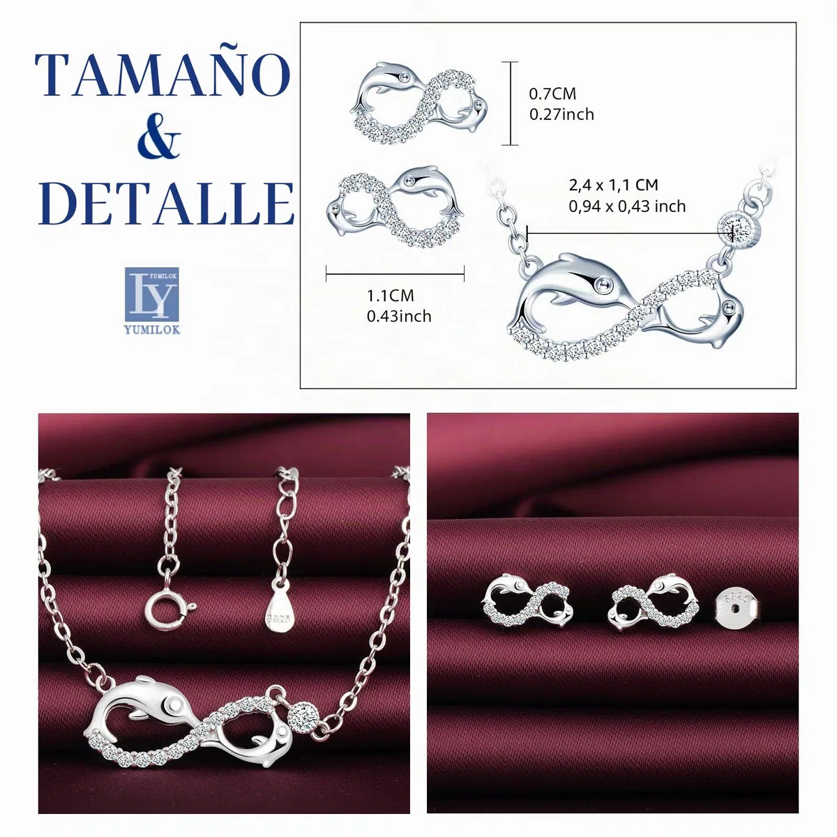 Yumilok Juego de joyas de collar y pendientes, collar con colgante de delfín y símbolo del infinito y pendientes en plata 925, joyería para mujeres y niñas, incrustaciones de circonita cúbica