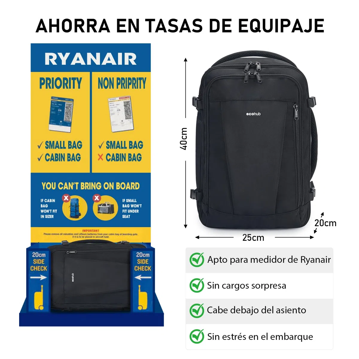 ECOHUB Mochila de Viaje Cabina Avion 40x20x25 Ryanair Con 13 Compartimentos Para Mujer y Hombre, Maleta Debajo del Asiento, Equipaje de Mano 40x30x20 20L, Recicladas, Patentado, Negro
