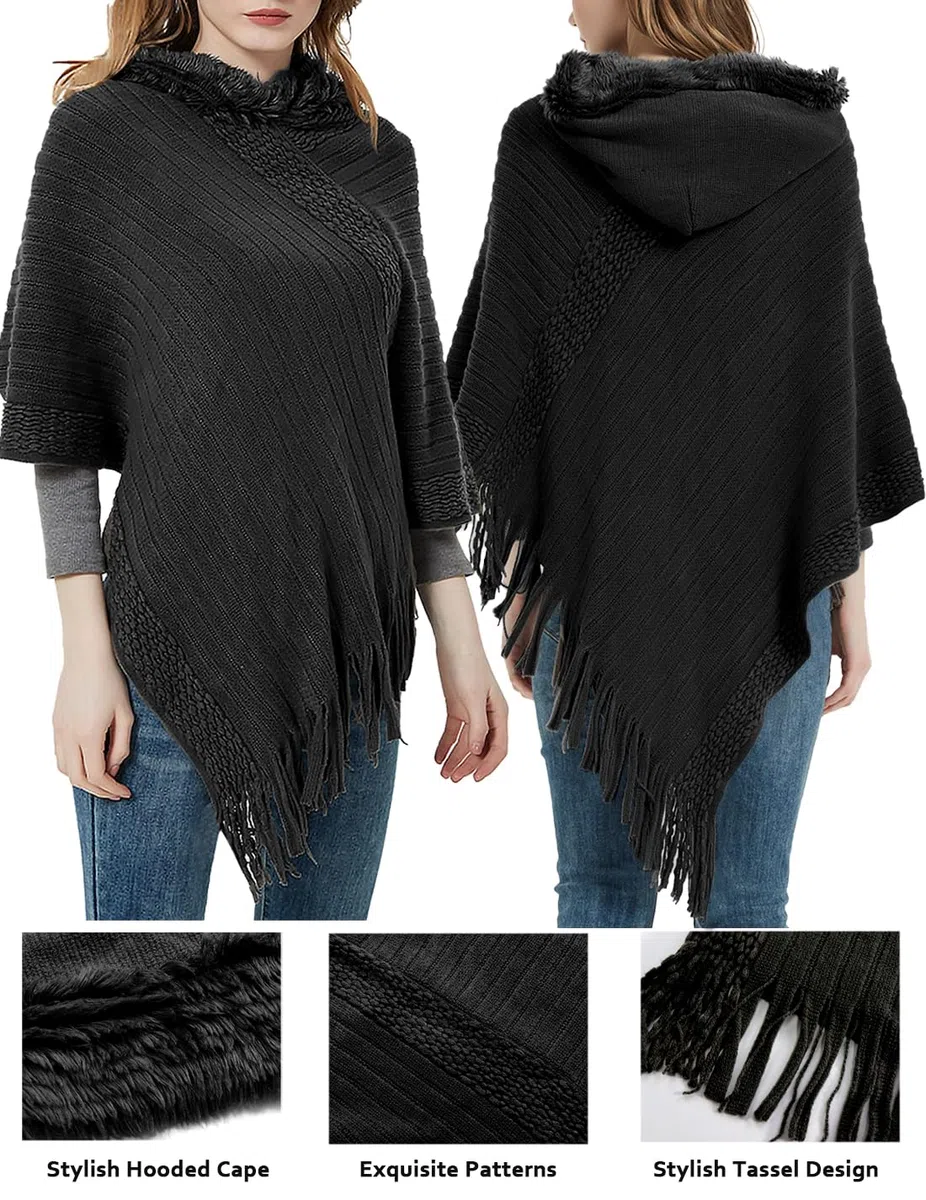 JFAN Poncho Mujer Invierno Otoño Poncho y Capa Punto para Mujer Pompón Gorro Poncho de Punto Flecos Felpa con Capucha