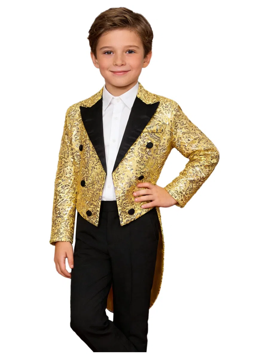 Alvivi Chaqueta de Disfraz Lentejuelas de Fiesta para Niños Chaqueta de Esmoquin Formal con Cola Blazer Vestir Disfraz de Magia Carnaval Navidad 5-14 Años Dorado 7-8 años