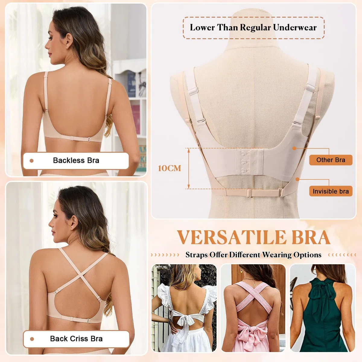 Niwicee Sujetador sin Espalda para Mujer Sujetadores sin Costuras Invisible Sujetador Push Up en V Profunda Sujetador Tirantes Multidireccionales Convertibles para Vestido y Boda