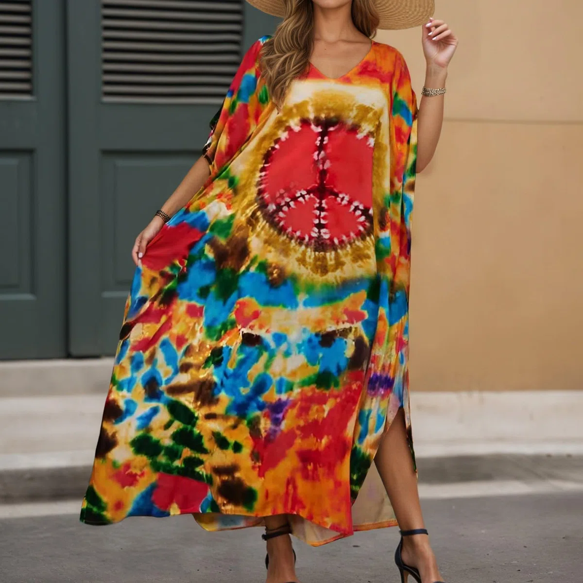 Vestido casual de verano para mujer, manga larga, holgado, para playa, teñido anudado, para usar en el centro turístico