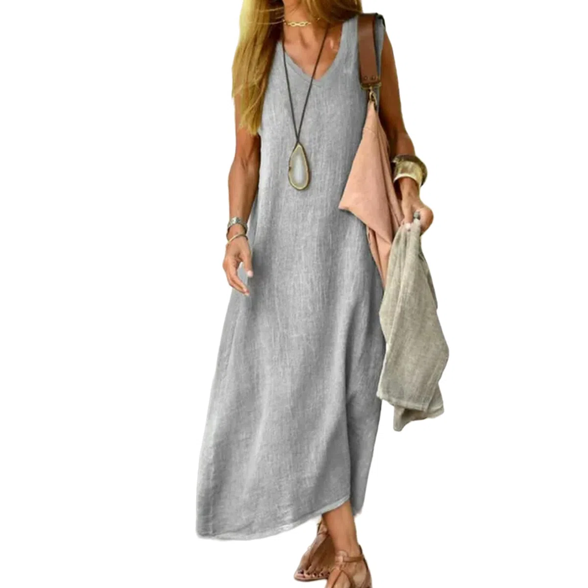 Vestidos de Verano 2024 para Mujer, Vestido Largo sin Mangas con Cuello en V, Vestidos de Playa de Color sólido, Vestido Informal Suelto de Lino y algodón