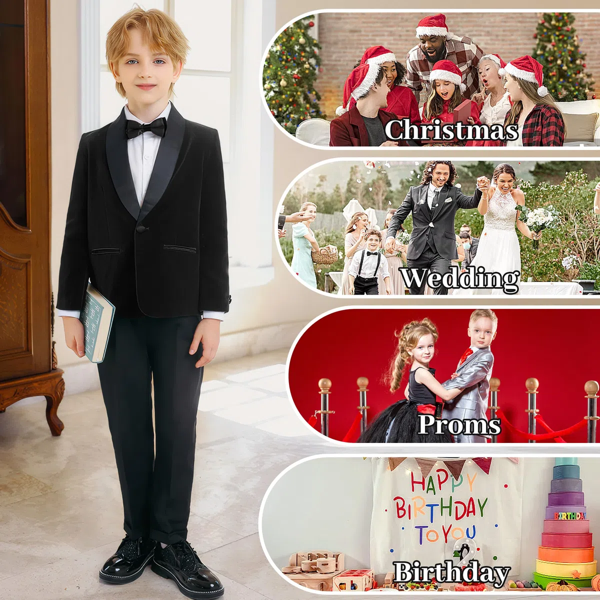 LOLANTA Traje de Esmoquin de Terciopelo para Niños, Traje Formal de Boda, Invierno, Juego Completo de 4 Piezas, Traje de Prom con Blazer, Pantalones, Camisa, Pajarita, Trajes de Esmoquin