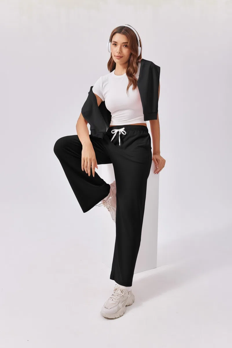 PINSPARK Pantalones de chándal para mujer, pantalones de deporte largos y holgados, pantalones de entrenamiento de cintura alta, pantalones de chándal sueltos con cintura elástica, pierna recta ancha