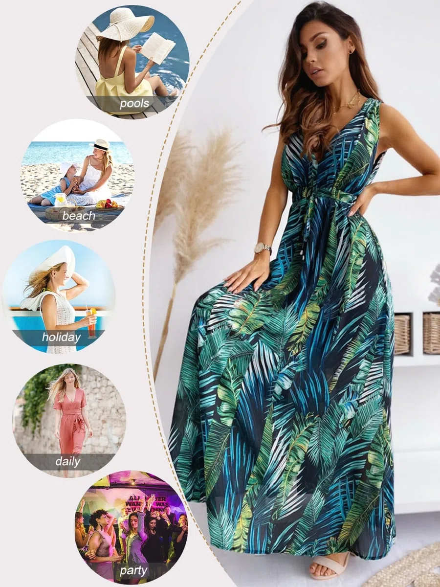 CheChury Vestido Largos Verano Mujer Elegante Vestidos Casual Mujer Bohemio Vestido con Estampado Floral Sin Manga Vestido Maxi Cuello en V Vestidos Florales Vintage Larga Vestido de Playa Vacaciones