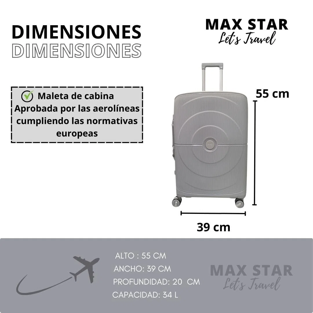 Max Star Juego de Maletas de Viaje 3 Piezas, MS636, Ruedas 360º, Polipropileno, Impermeable, Resistente, Ligera, Gran Capacidad, Maleta Cabina, Mediana, Grande, Gris