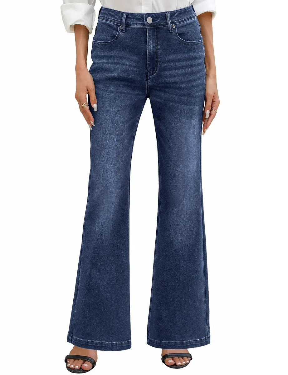 heekpek Vaqueros Elasticos Mujer Cintura Alta Pantalones Anchos Pantalon Campana Holgados Jeans Flare con Bolsillos