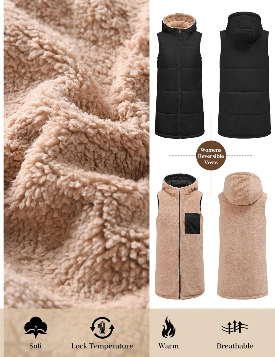 Tuopuda Chaleco Acolchado Mujer con Capucha Chaqueta de Larga Sin Mangas con Cremallera Cálidos Chaleco de Forro polar Invierno Outwear con Bolsillos