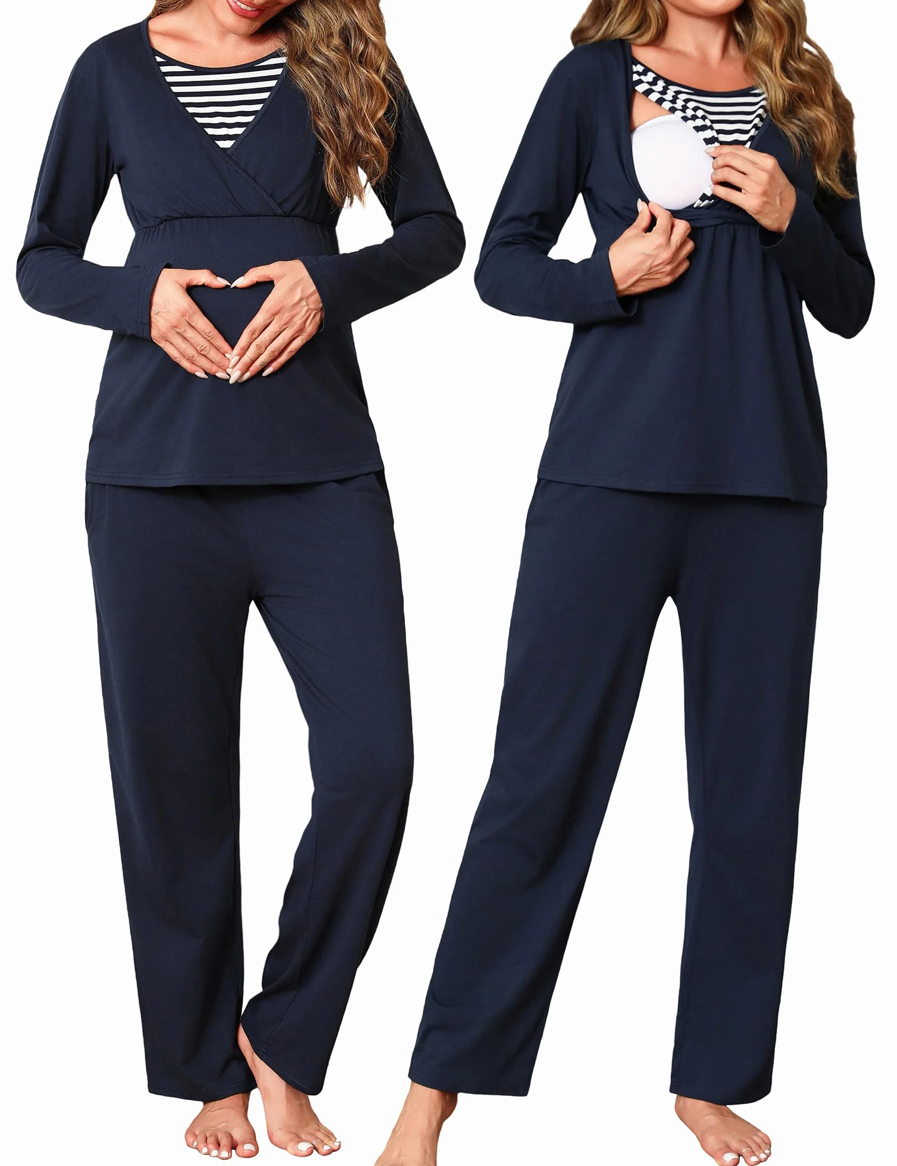 Bresdk Pijamas de Lactancia para Mujer Invierno Pijamas de Maternidad de Hospital para Premamá Algodón Conjunto Embarazo de Embarazadas S-XXL