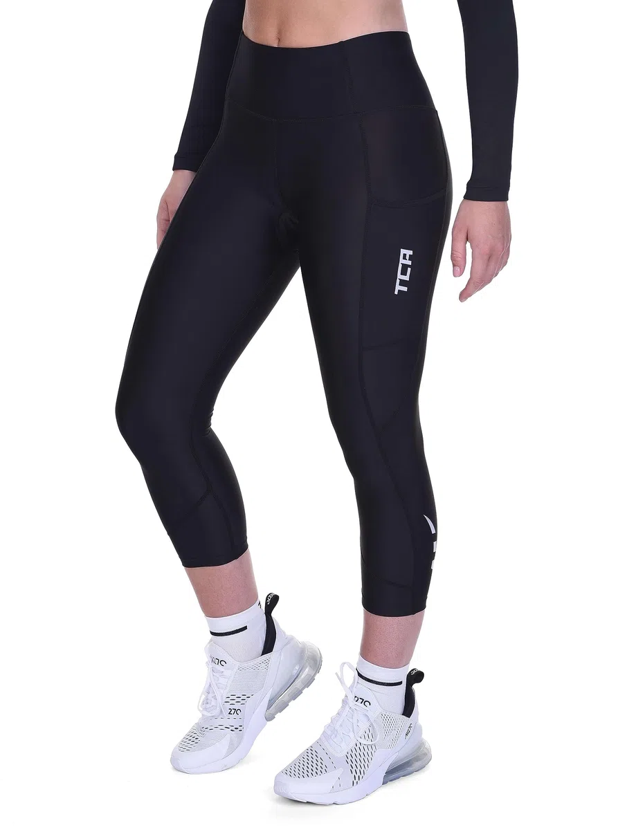 TCA Mallas de Ciclismo Acolchadas 3/4 para Mujeres, Cintura Alta, Transpirables, con Bolsillos, Antideslizantes y de Secado Rápido