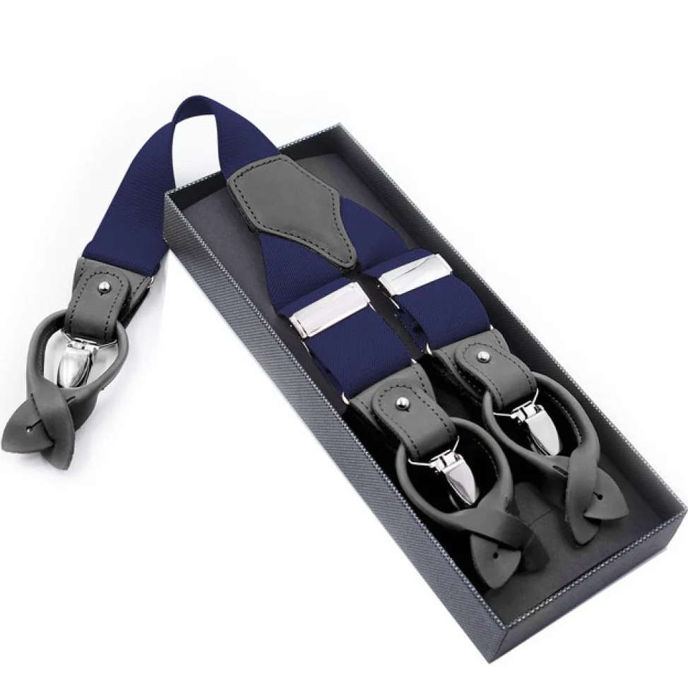 OIFAODAO， Tirantes de Cuero Genuino for Hombre con Forma Y, Pantalones elásticos Ajustables Resistentes, Tirantes, cinturón, Regalos Boda for Padre y Marido ，Tirantes para Hombre(Navy Blue)