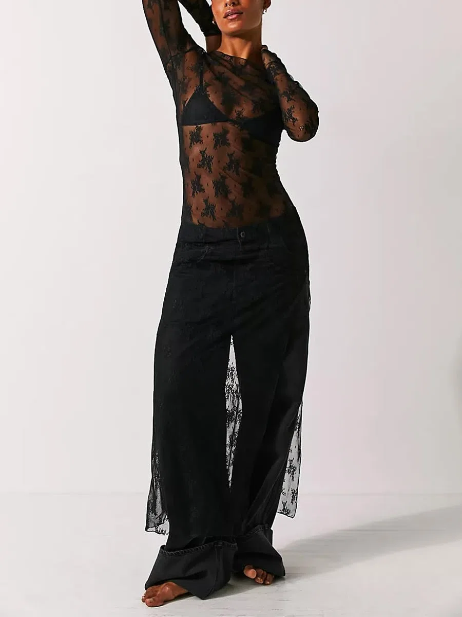 Loalirando Vestido largo mujer vestido transparente mujer vestido elegante de manga larga vestido de encaje mujer vestido de fiesta Bodycon de noche cóctel, Negro , L