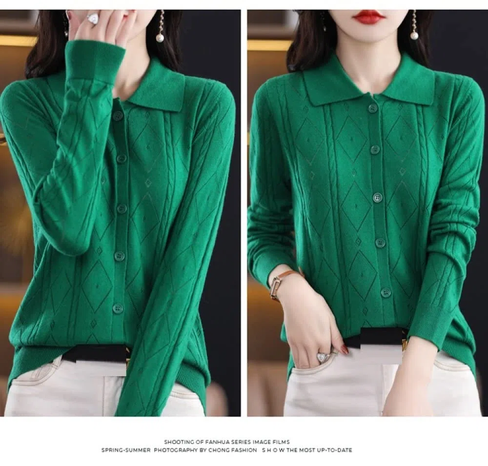 Cárdigan de Mujer Cárdigan de Punto para Mujer Abrigo Verde Oscuro Rombo Jacquard Suéteres Cárdigan de Manga Larga Cárdigan Abierto con Botones Chaqueta de Punto Suave Y Ajustada para Uso Diario