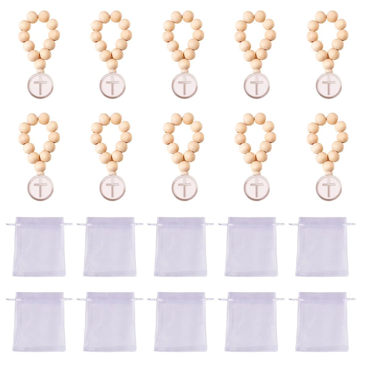 Rosario de cuentas de madera con crucifijo, rosario de primera comunión, con bolsas de organza, regalo de bautizo, unisex