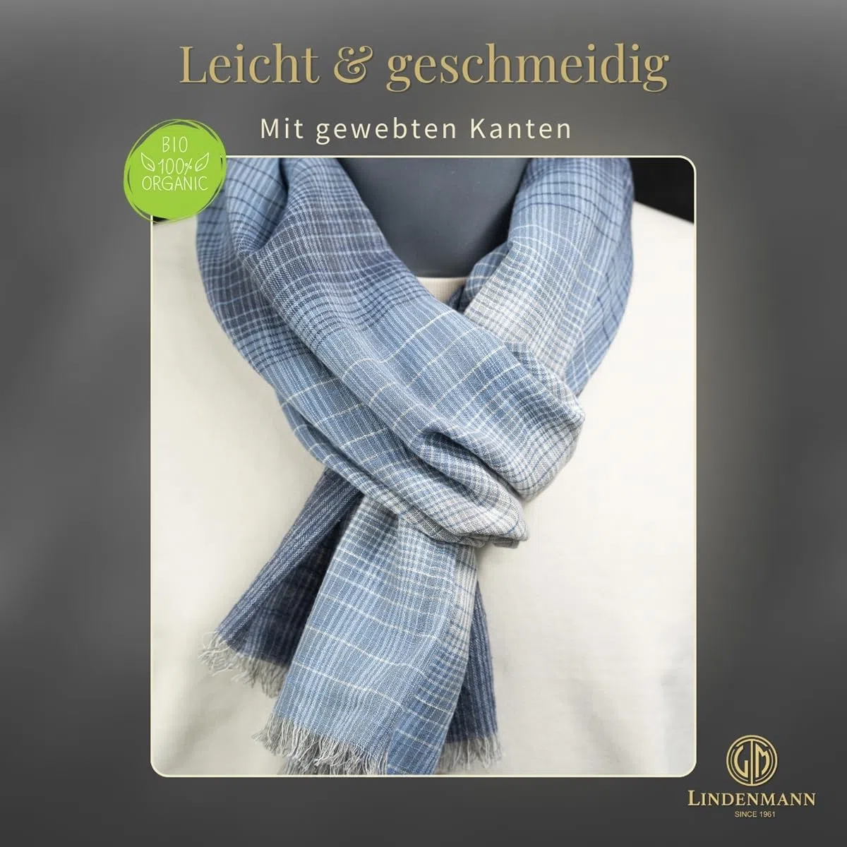 LINDENMANN Bufanda de hombre ligero 100% algodón orgánico azul, azul, Talla única