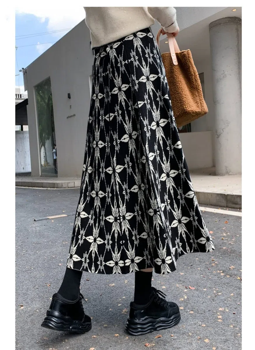 Faldas De Invierno para Mujer, Falda De Talle Alto De Punto Elástico De Flores Vintage Falda De Invierno De Café Acampanada Elegante Faldas Plisadas Midi para M(Black)