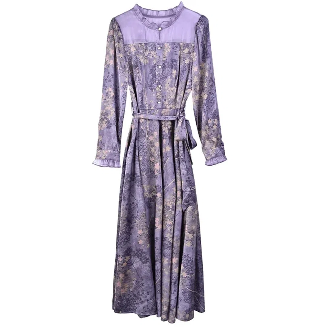 Vestido vintage de seda con estampado floral para mujer, manga larga, cuello alto falso, para fiesta, vestido midi, gris, S