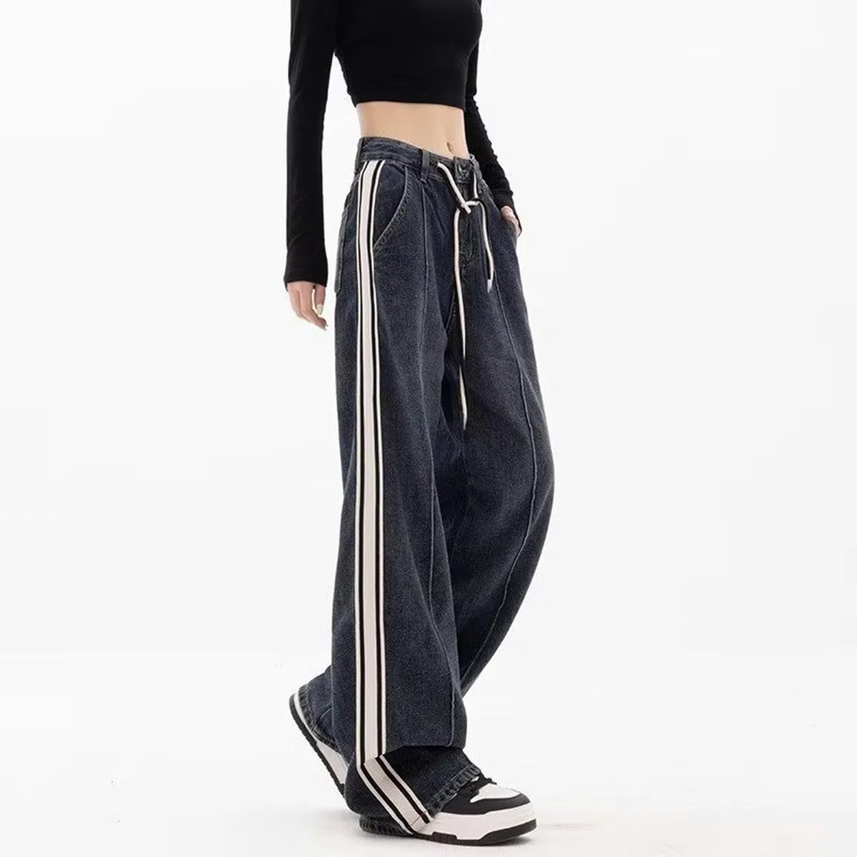 Vaqueros Retro Rectos con cordón de Talla Grande para Mujer en Primavera y Verano para Pantalones Anchos de Pierna Ancha a Rayas, Rectos, Sueltos, Lavados Oscuros, de mm gordos-Azul Gris-M