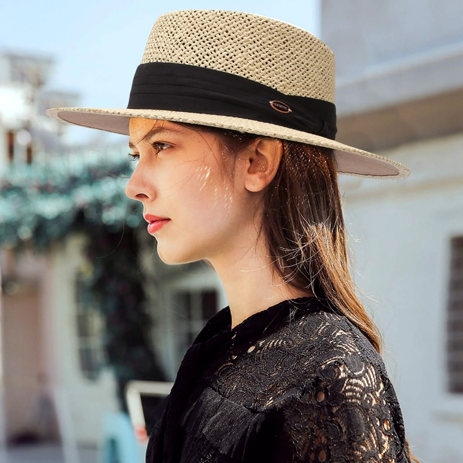 GEMVIE Sombrero Panama de Paja para Playa Hombre ala Ancha Sombrero Fedora Mujer Primavera/Verano Ajustable Caballero
