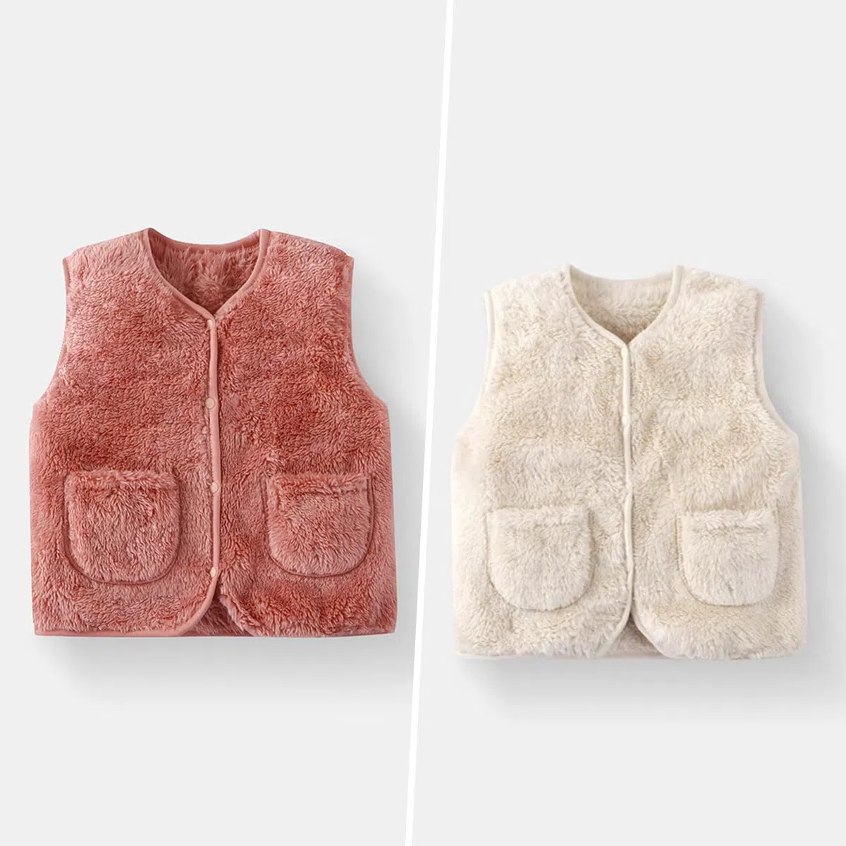 Lindo Bebé Niña Chaleco, Baby Chalecos de Felpa Doble Cara Sin Mangas con Botones a Presión, Bebé Cálido Chaqueta para Otoño, Invierno, Chaqueta Unisex con Bolsillos, Beige/Rosa, 1-7 Años