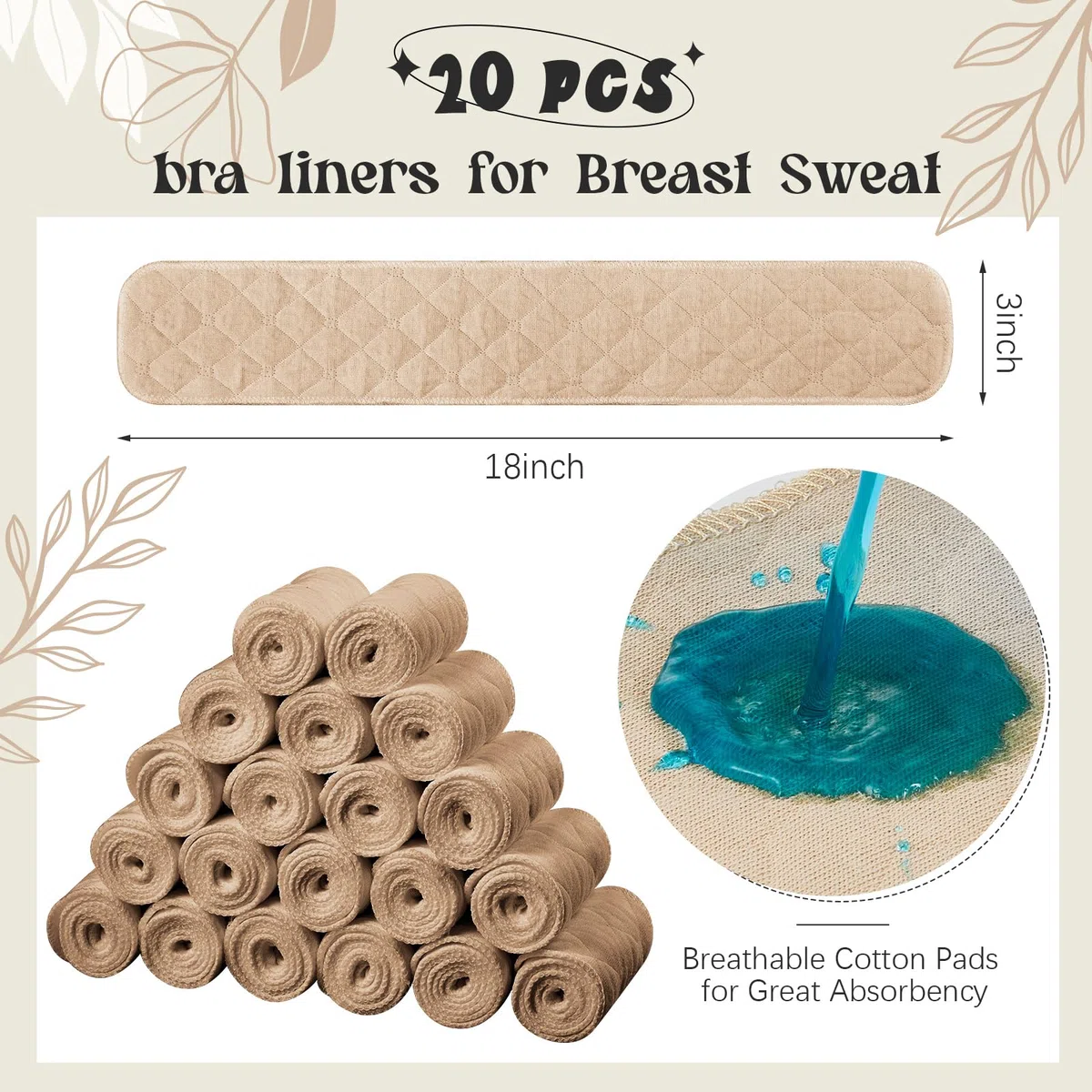SATINIOR 20 Forros de Sujetador para Sudor 18 x 3 Pulgadas Almohadillas Debajo del Pecho de Algodón de 3 Capas para Mujeres