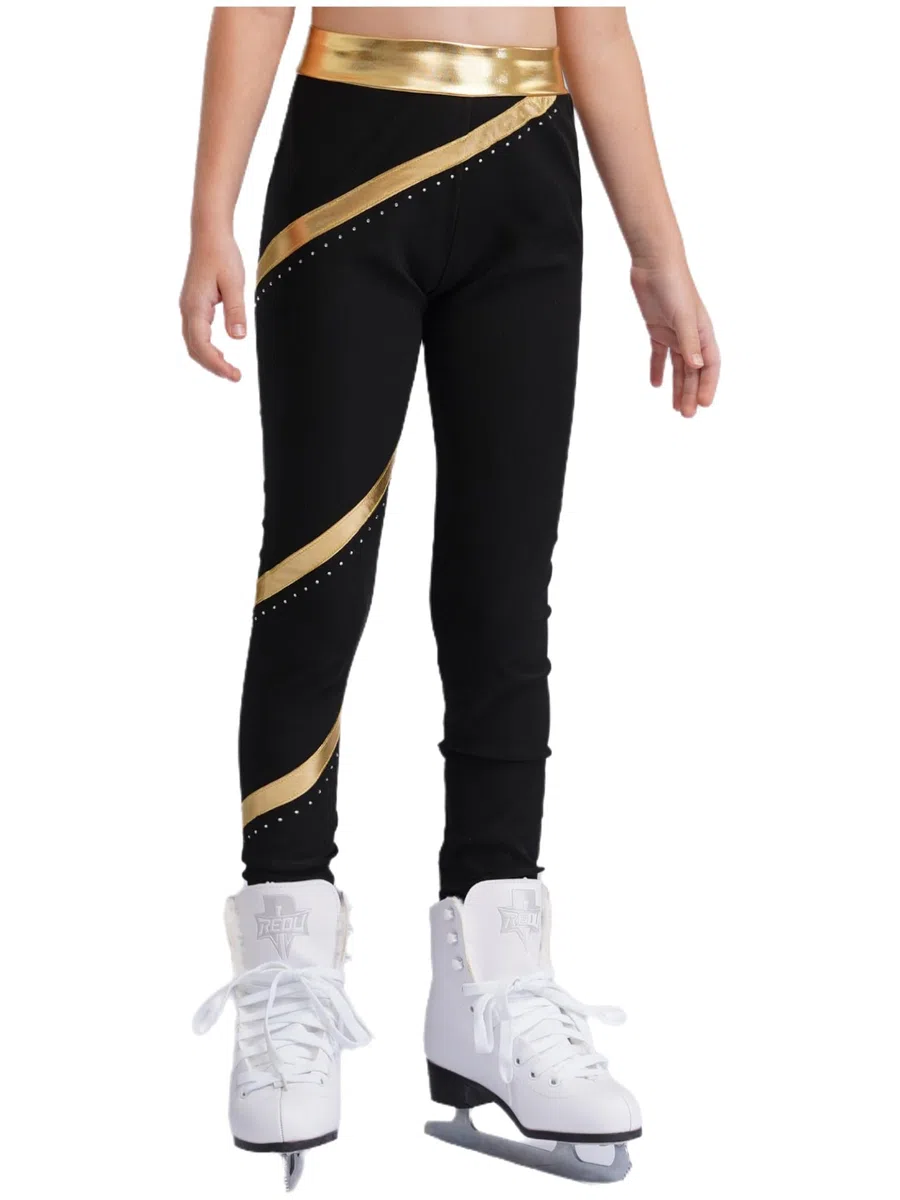 Ropa de patinaje artístico para niñas y niños, chándal metálico, sujetador deportivo, strass, chaqueta brillante, rayas, patchwork, leggings dancewear