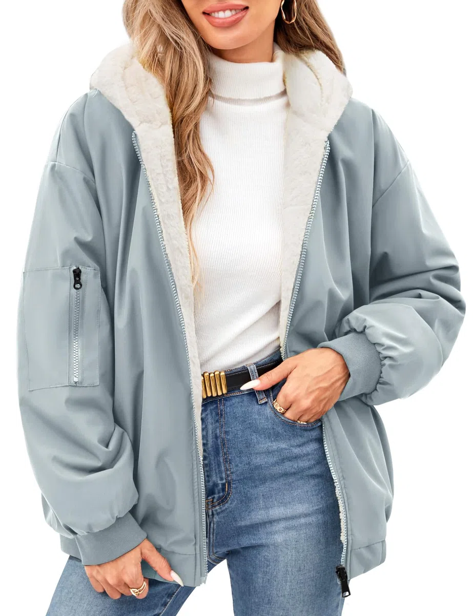 Vancavoo Chaqueta Reversible Mujer de Invierno con Capucha y Pelo Suave | Cazadora Corta con Cremallera, Puños de Canalé y Bolsillos en Ambos Lados para Uso Diario