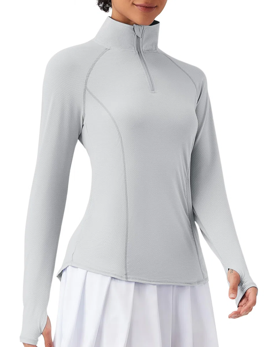 IECCP Camisetas ligeras con protección solar UPF 50+ para mujer, con cremallera de 1/4, manga larga, para ejercicio