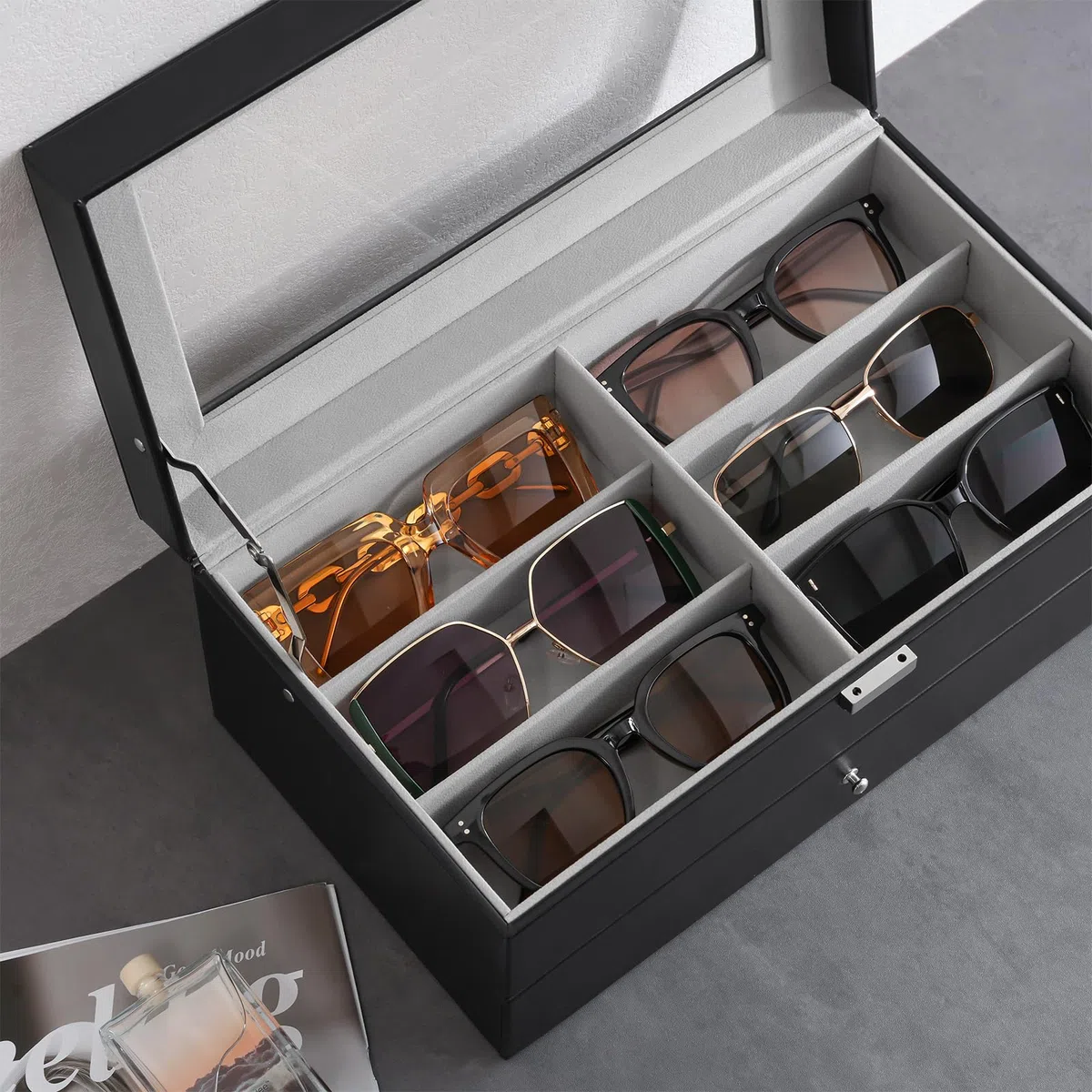 ProCase Caja Gafas, Expositor Gafas de Sol, Organizador Sunglasses 12 Compartimentos 2 Capas, Estuches para Gafas, Joyería, Reloj, Guardar Llaves Regalo Ideal para Mujeres Hombres -Negro